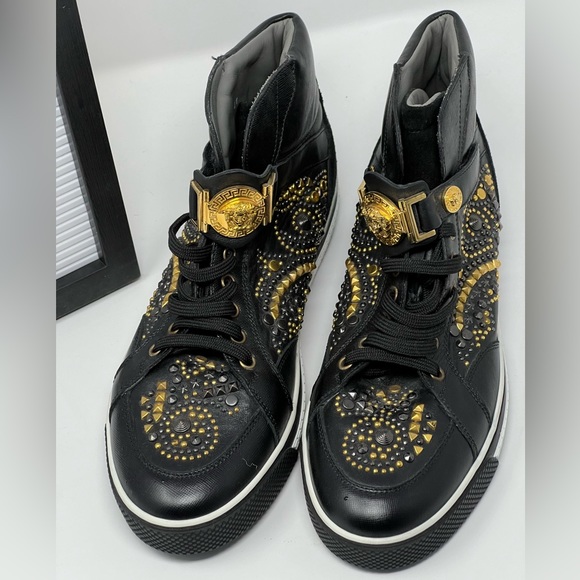 VERSACE STUDDED HIGH-TOP SNEAKERS with GOLD MEDUSA BUCKLE - Picture 2 of 8